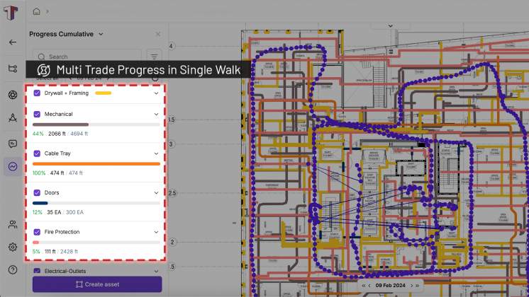 Track3D platform showing a construction floor plan with 360 capture points for jobsite reality capture and spatial navigation